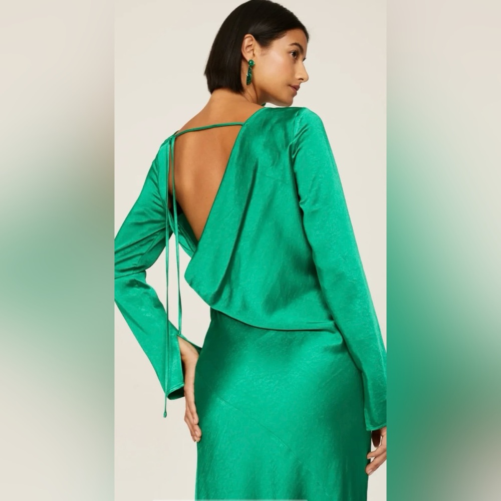 Green Satin Long Sleeved Dress